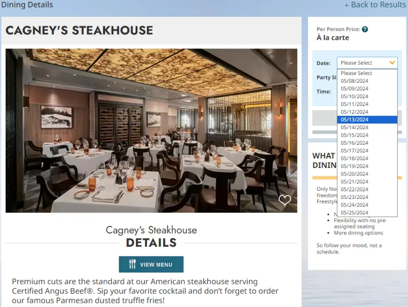 노르웨지안 크루즈 다이닝 옵션 선택 창